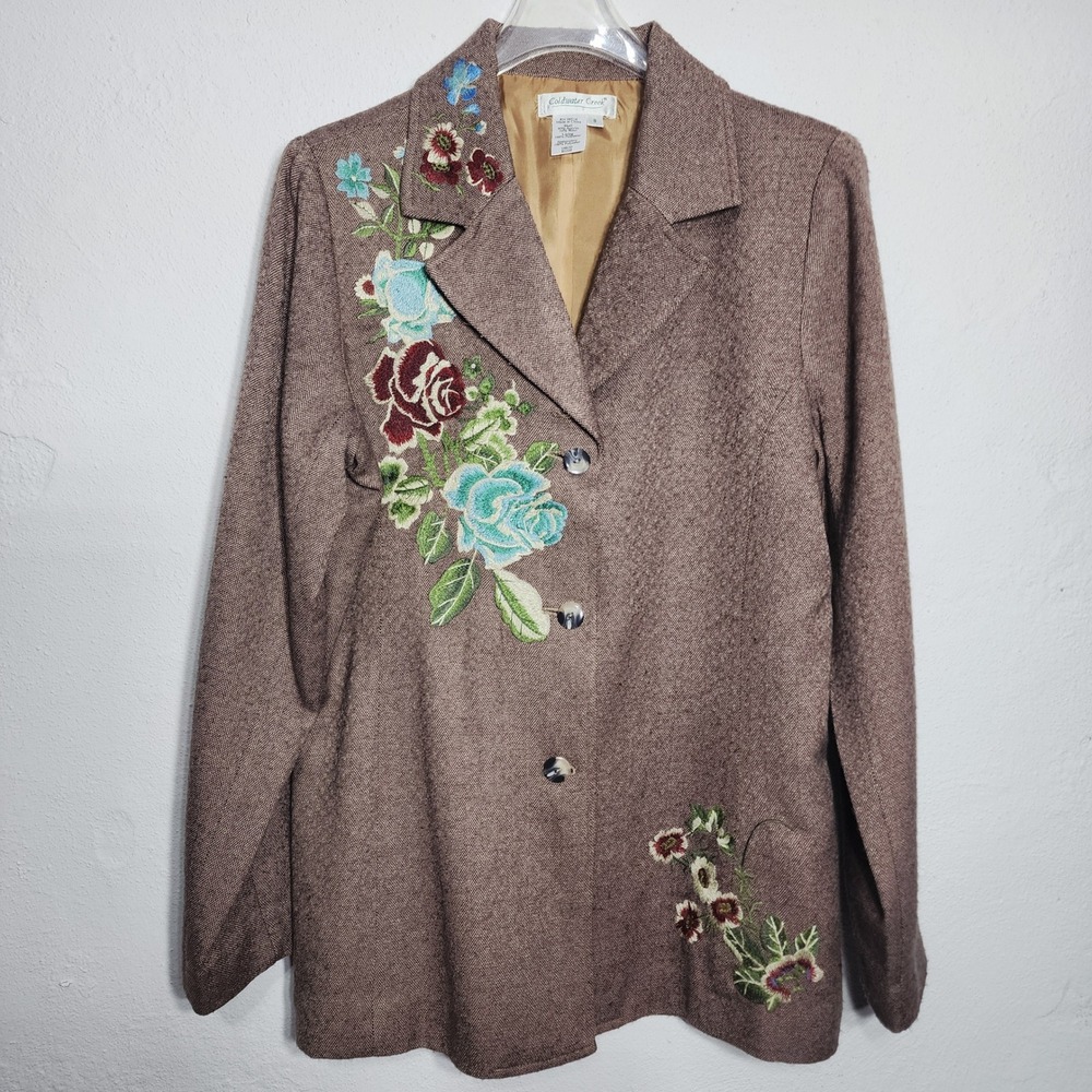 Coldwater Creek Blazer Jacket 8 Wool Blend Brown Floral Embroidered Career Boho